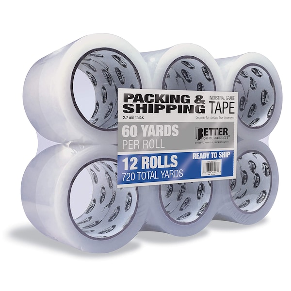 Better Office Products Clear Packing Tape, Industrial Grade, 2.7 mils, 1.88in. x 60 Yards/Roll, 720 Total Yards, 12PK 41227 - main